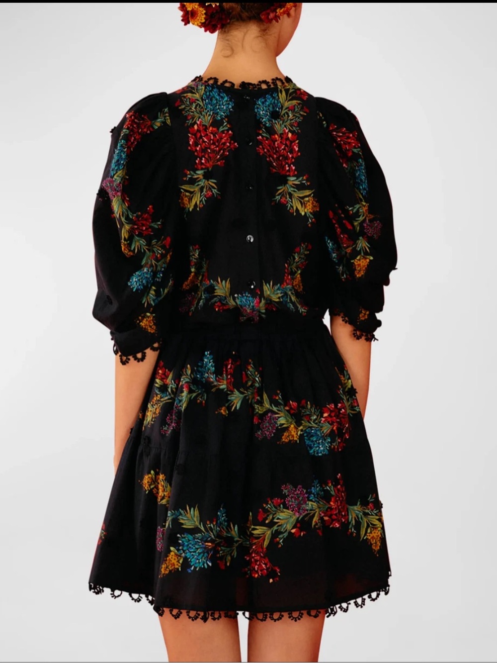 Farm Rio Louise Black Floral Embroidered A-Line Mini Dress XS - Picture 2 of 9